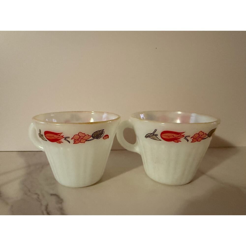 Pair of Vintage Termocrisa Red Tulip Milk Glass Teacup Mugs